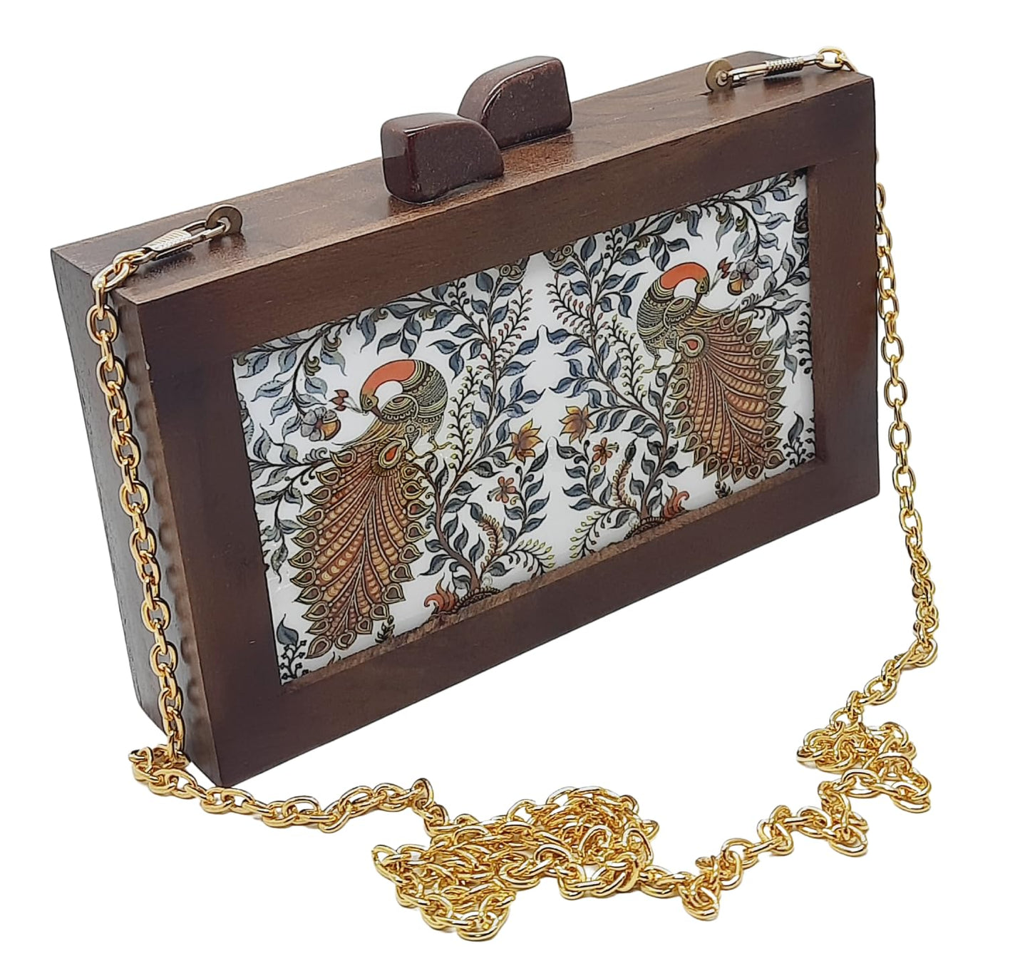 Trend Overseas Women's Wooden Printed Ethnic Clutch Bag/Bridal Purse/Handbag_Crossbody Sling Bags Detachable Chain for Bridal,