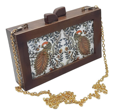 Trend Overseas Women's Wooden Printed Ethnic Clutch Bag/Bridal Purse/Handbag_Crossbody Sling Bags Detachable Chain for Bridal,
