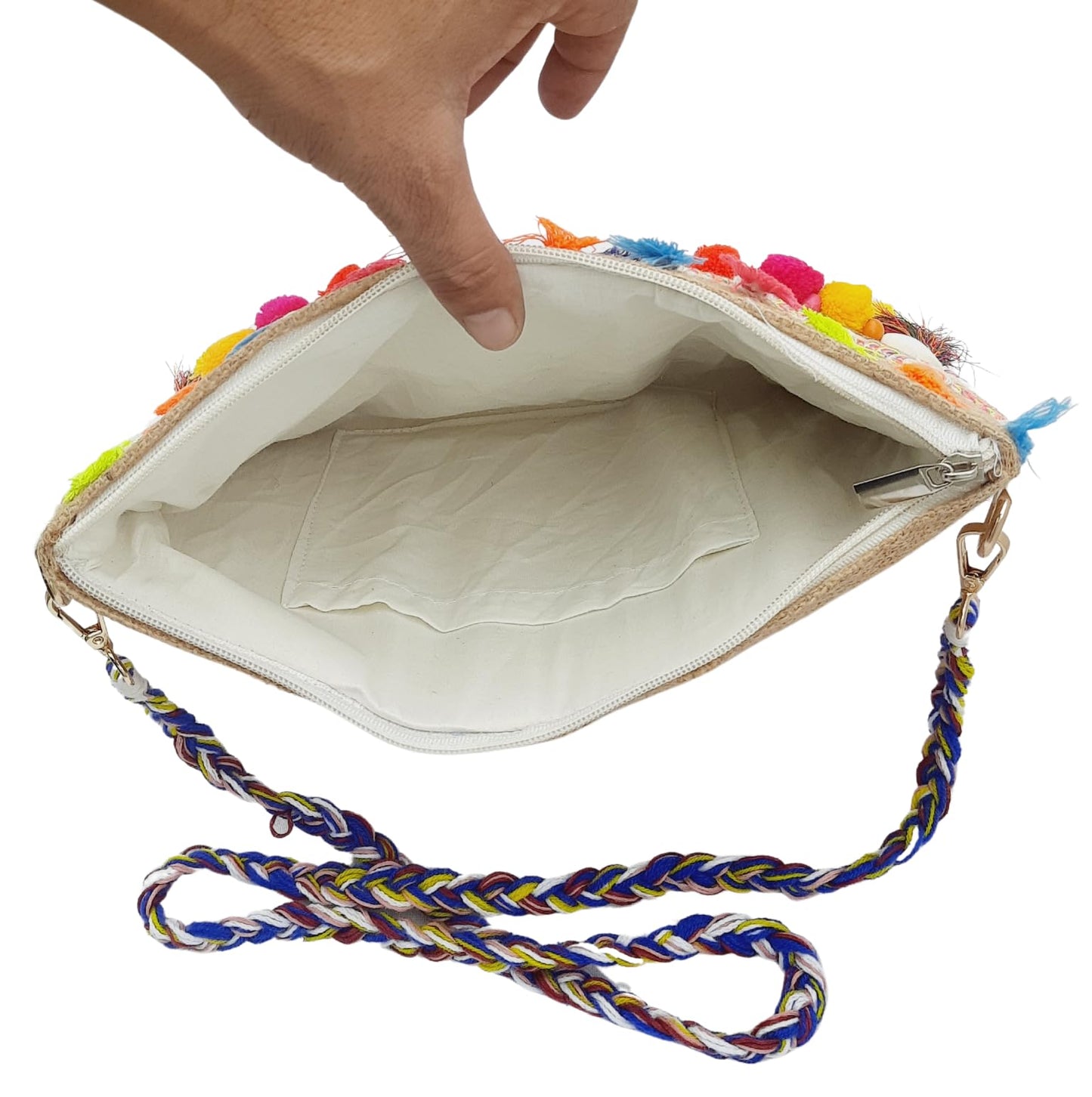 Trend Overseas Multicolor Jute Embroidery pom pom Bridal Bag cross body party sling bag