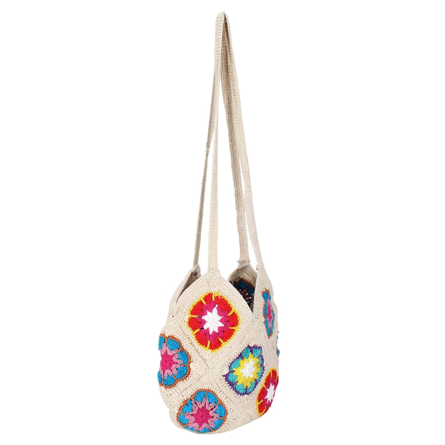 Trend Overseas Women Handmade Crochet Ivory Multicolour Flower Straw Bag Travel Beach Fishing Net Handbag Shopping Woven Shoulder Bag