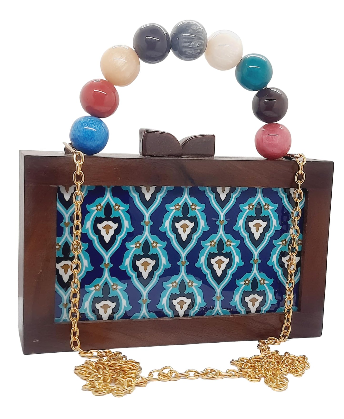 Trend Overseas Women's Wooden Printed Rectangle Ethnic Clutch Bag/Bridal Purse/Handle Clutch