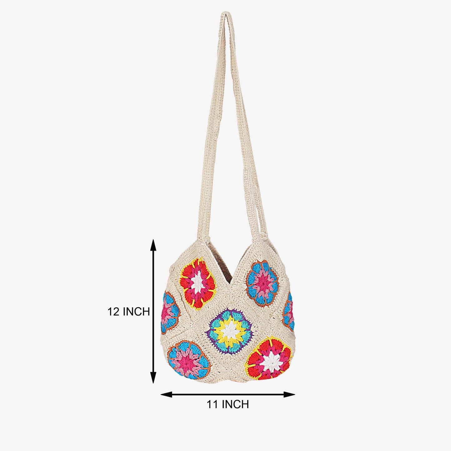 Trend Overseas Women Handmade Crochet Ivory Multicolour Flower Straw Bag Travel Beach Fishing Net Handbag Shopping Woven Shoulder Bag