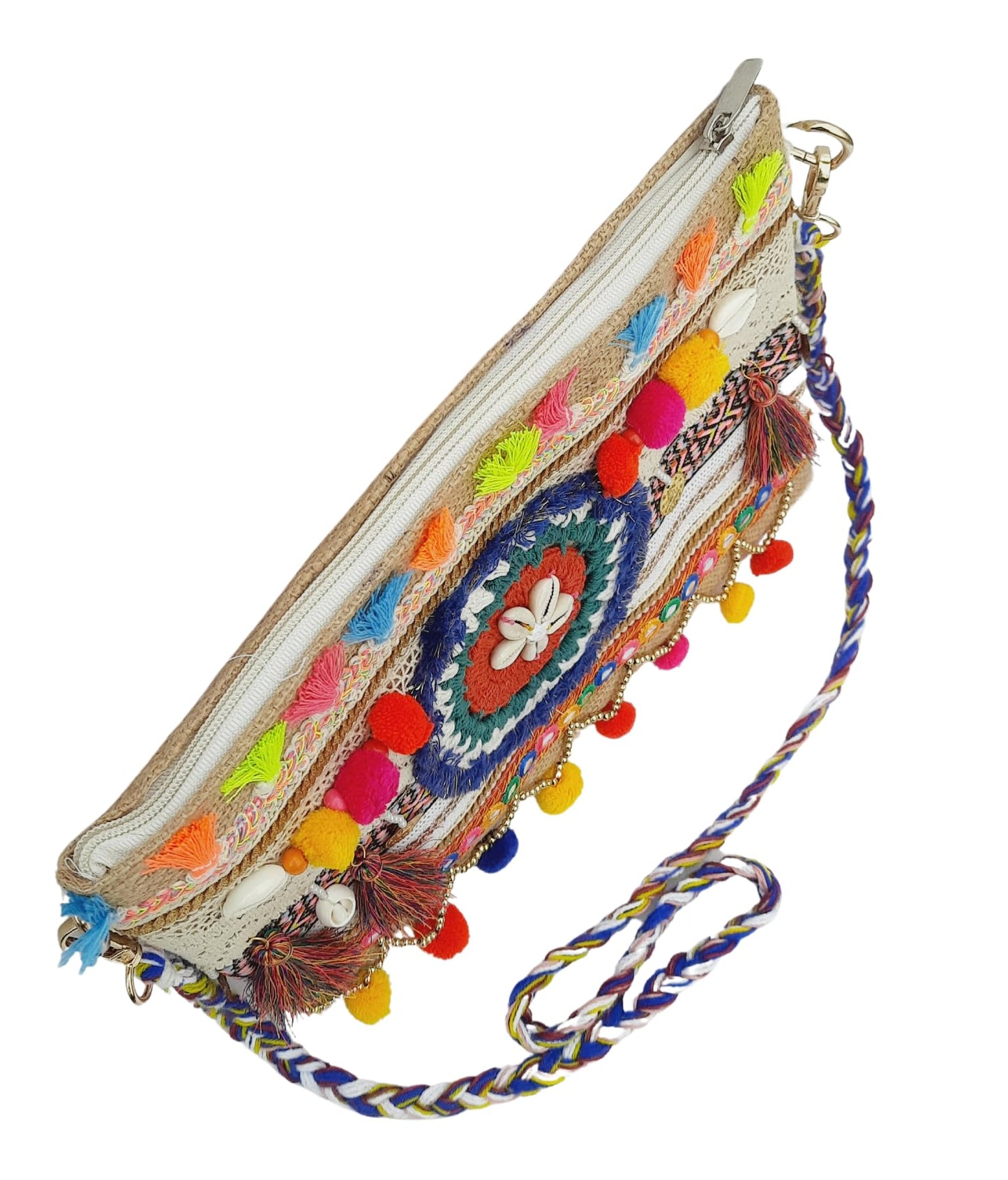 Trend Overseas Multicolor Jute Embroidery pom pom Bridal Bag cross body party sling bag