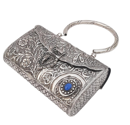 Trend Overseas Ethnic Women Silver Brass Metal Bridal bag Handle Clutch Sling Bag