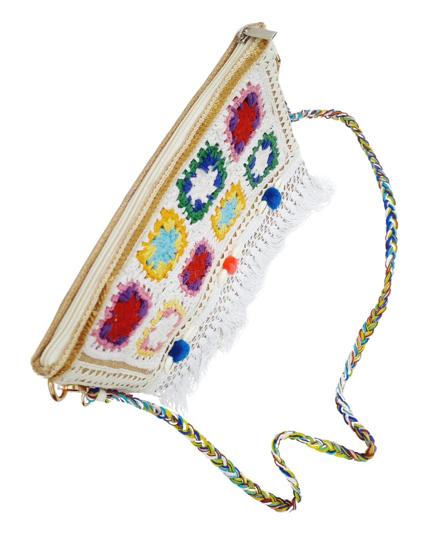 Trend Overseas Multicolor Jute Embroidery pom pom Bridal Bag cross body party sling bag