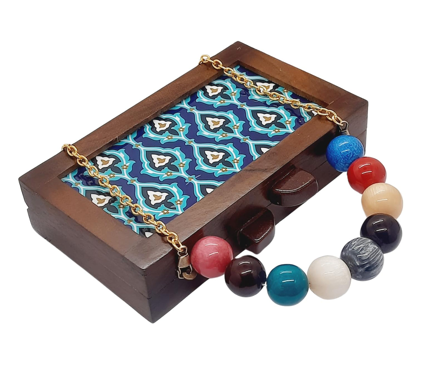 Trend Overseas Women's Wooden Printed Rectangle Ethnic Clutch Bag/Bridal Purse/Handle Clutch