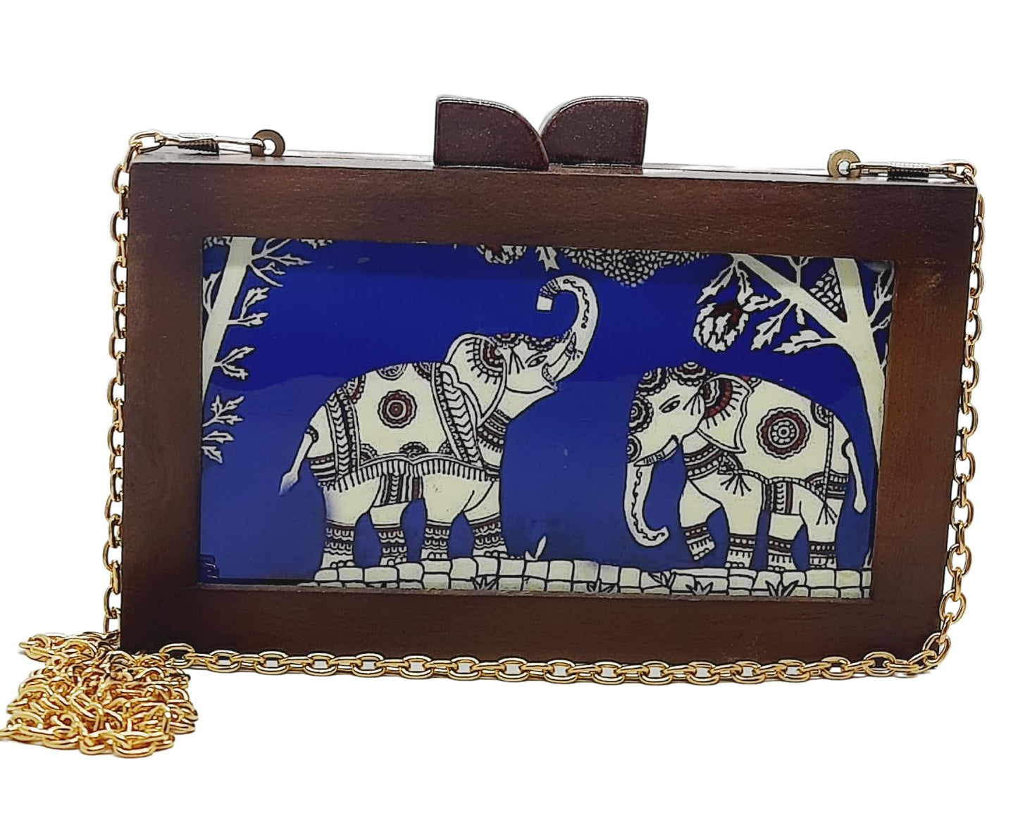 Trend Overseas Women's Wooden Printed Ethnic Clutch Bag/Bridal Purse/Handbag_Crossbody Sling Bags Detachable Chain for Bridal,