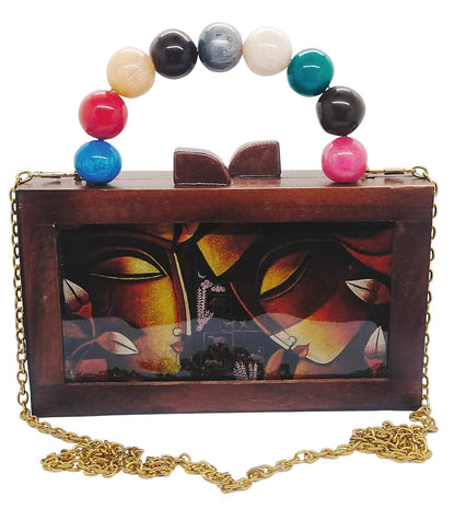 Trend Overseas Women's Wooden Printed Rectangle Ethnic Clutch Bag/Bridal Purse/Handle Clutch