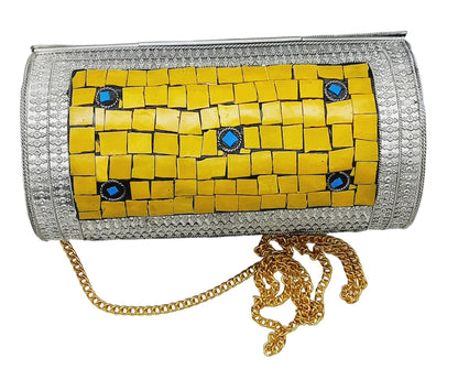 Trend Overseas Eye Catching Handmade Cylinder Round Ethnic Stone Metal bag Antique Bridal clutch