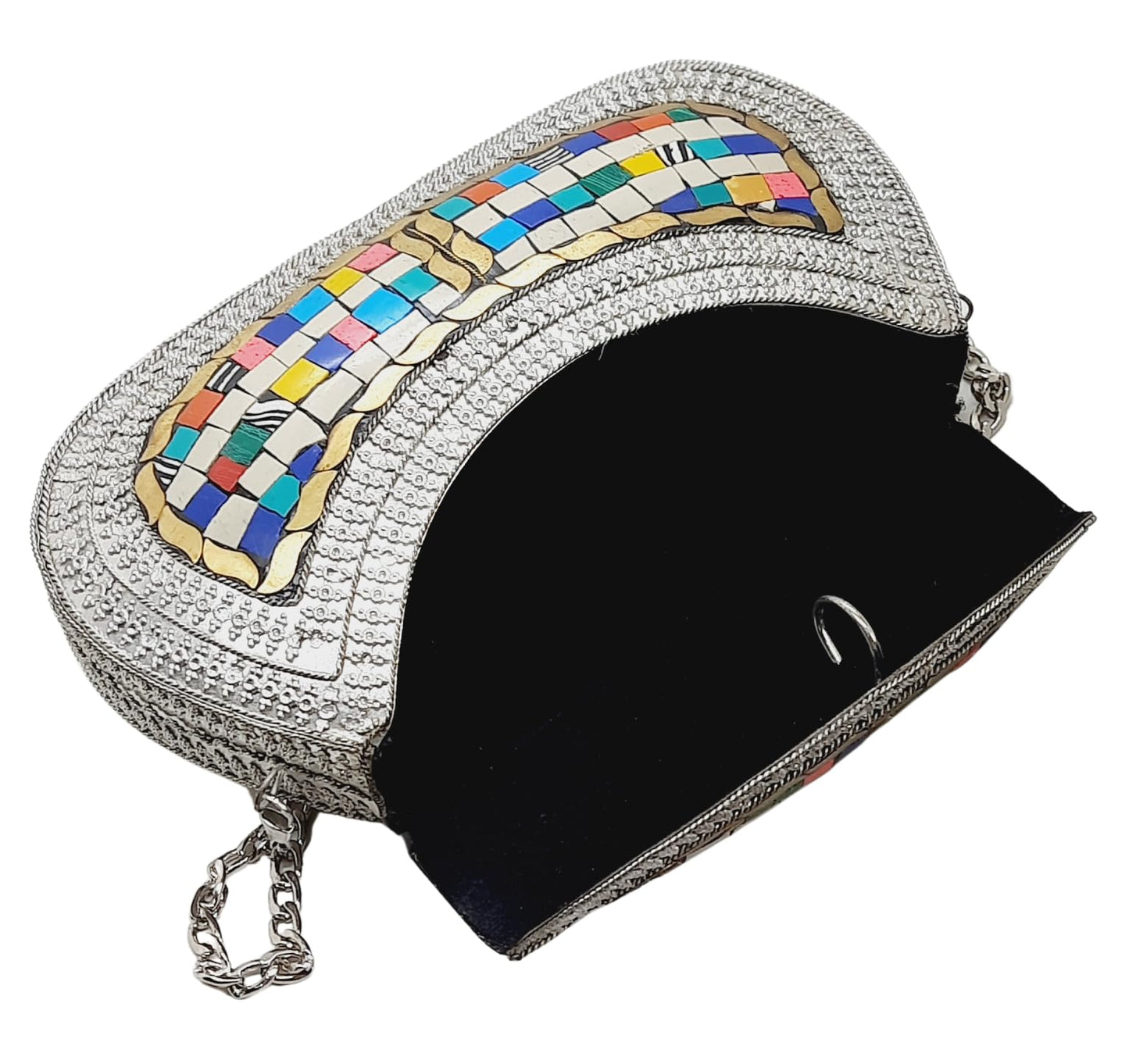Trend Overseas Handmade Antique Stone Bag Ethnic Clutch - Metal Bag Perfect for Parties, Fits All Cellphone Models