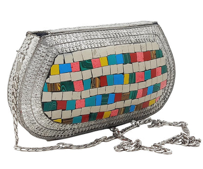 Trend Overseas Handmade Antique Stone Bag Ethnic Clutch - Metal Bag Perfect for Parties, Fits All Cellphone Models