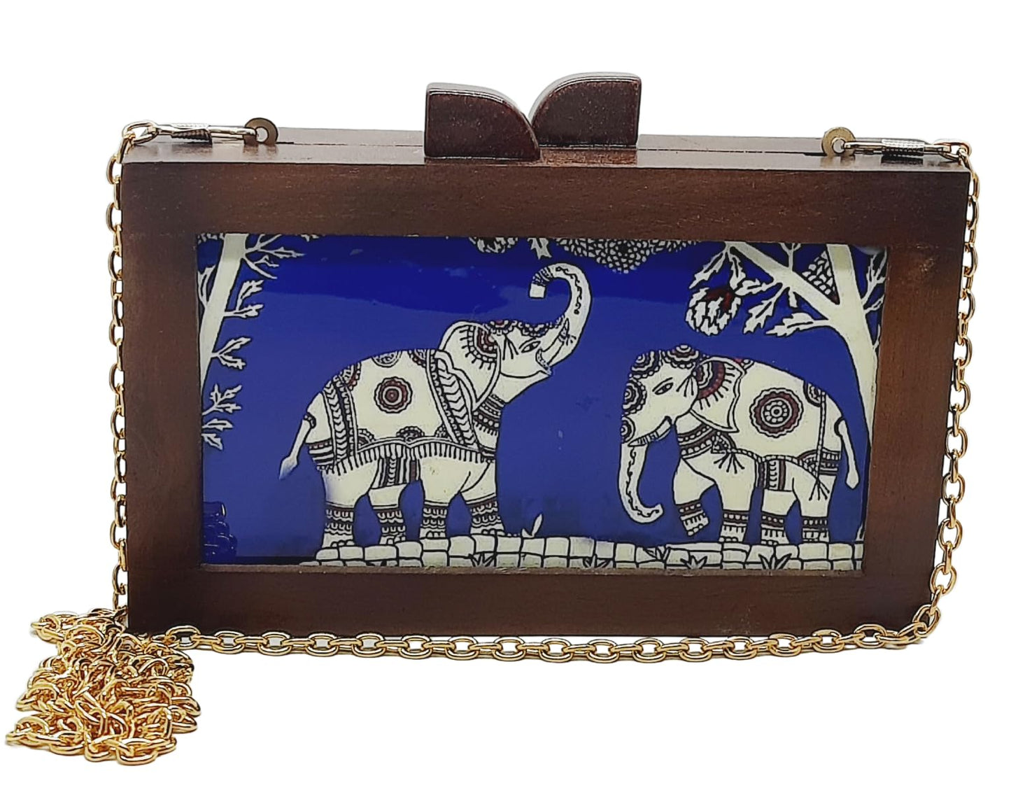 Trend Overseas Women's Wooden Printed Ethnic Clutch Bag/Bridal Purse/Handbag_Crossbody Sling Bags Detachable Chain for Bridal,