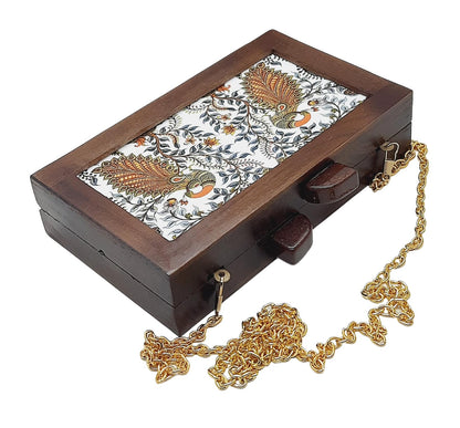 Trend Overseas Women's Wooden Printed Ethnic Clutch Bag/Bridal Purse/Handbag_Crossbody Sling Bags Detachable Chain for Bridal,