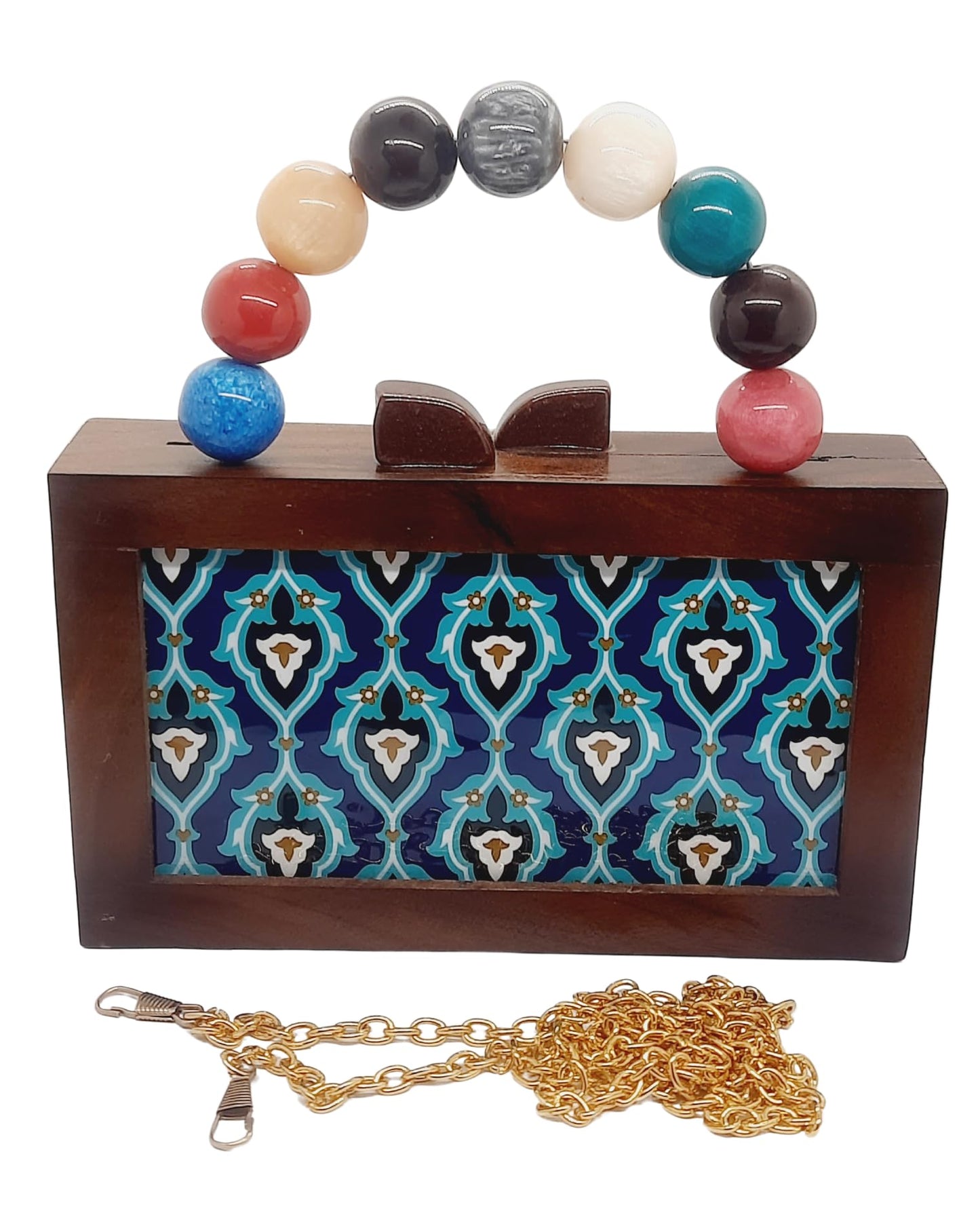 Trend Overseas Women's Wooden Printed Rectangle Ethnic Clutch Bag/Bridal Purse/Handle Clutch