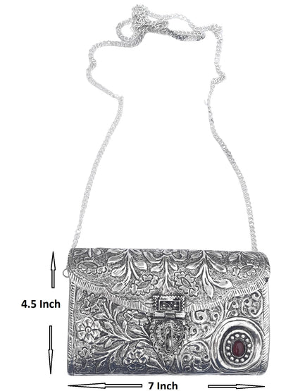 Trend Overseas Ethnic Women Silver Brass Metal Bridal bag Handle Clutch Sling Bag