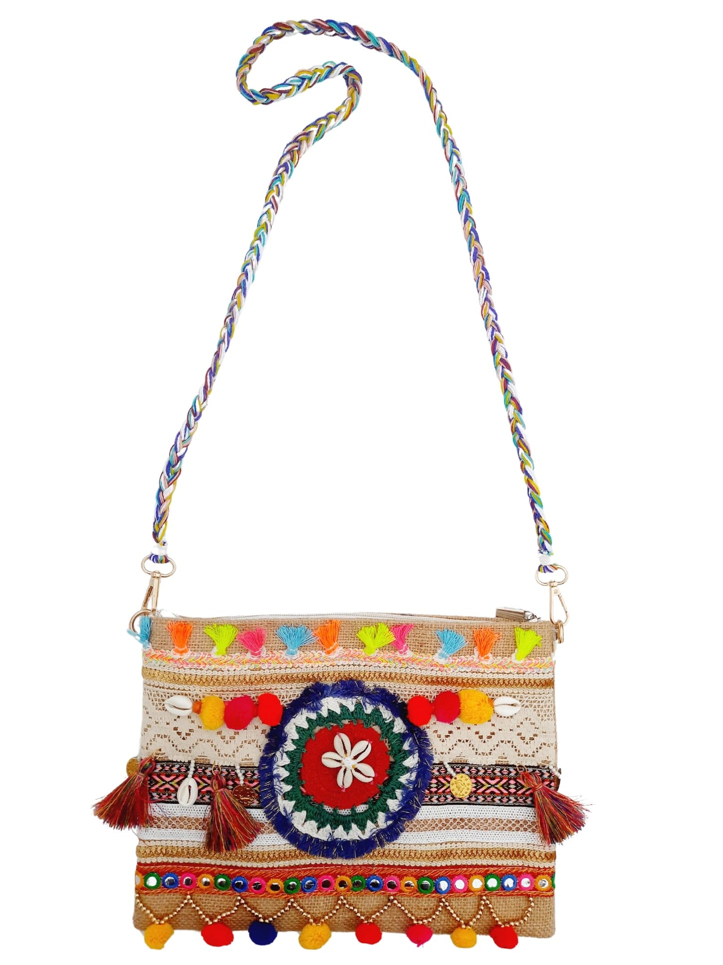 Trend Overseas Multicolor Jute Embroidery pom pom Bridal Bag cross body party sling bag