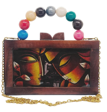 Trend Overseas Women's Wooden Printed Rectangle Ethnic Clutch Bag/Bridal Purse/Handle Clutch