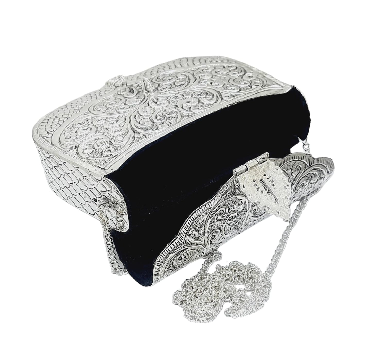 Trend Overseas Women Silver Bridal Metal Clutch - Antique Hand Carving Bag Bridal Antique Purse