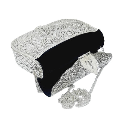 Trend Overseas Women Silver Bridal Metal Clutch - Antique Hand Carving Bag Bridal Antique Purse