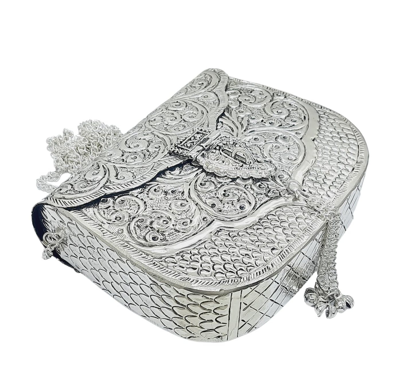 Trend Overseas Women Silver Bridal Metal Clutch - Antique Hand Carving Bag Bridal Antique Purse