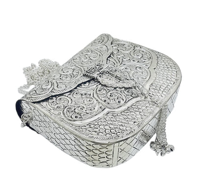 Trend Overseas Women Silver Bridal Metal Clutch - Antique Hand Carving Bag Bridal Antique Purse