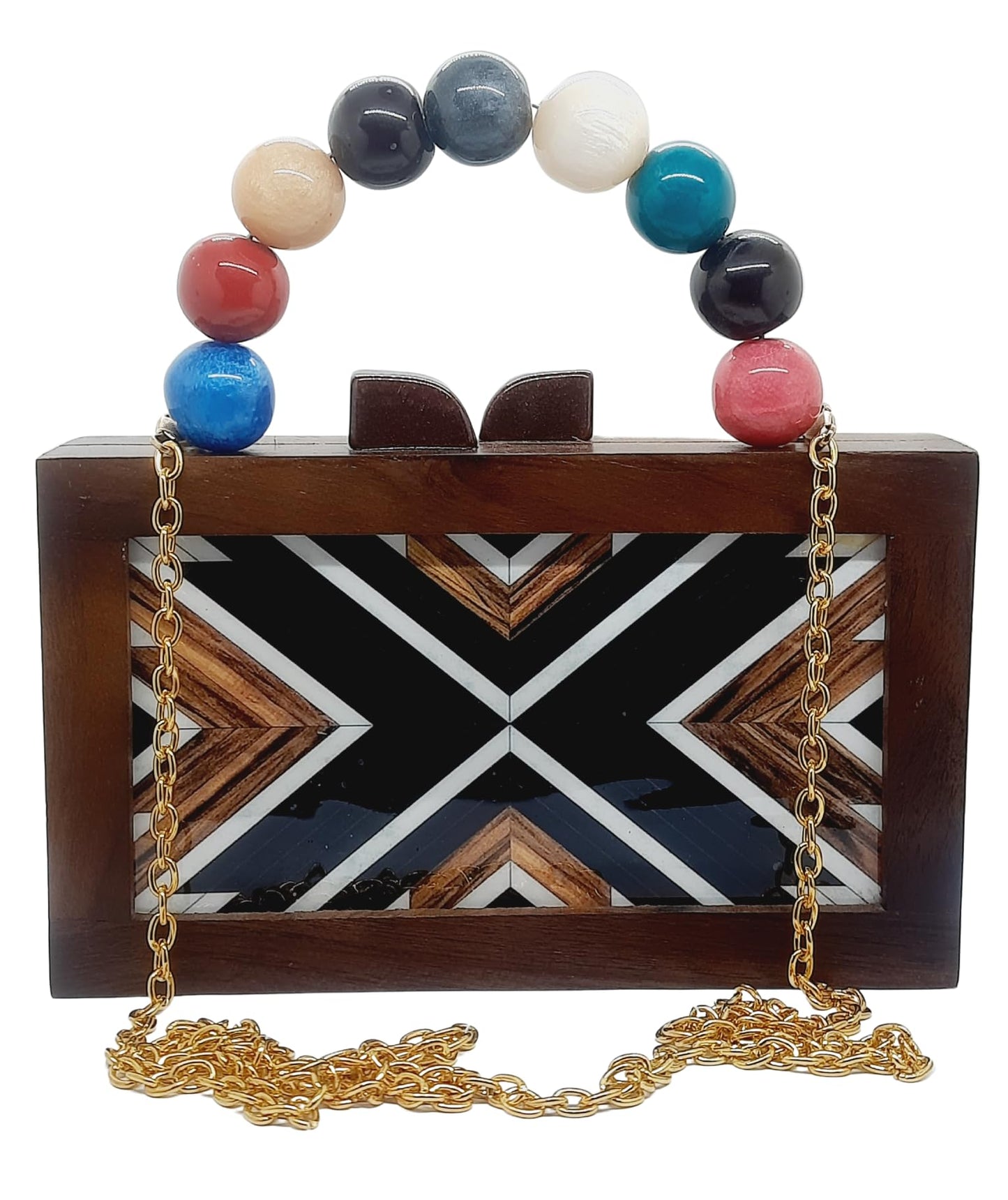 Trend Overseas Women's Wooden Printed Rectangle Ethnic Clutch Bag/Bridal Purse/Handle Clutch