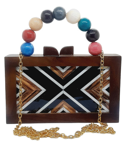 Trend Overseas Women's Wooden Printed Rectangle Ethnic Clutch Bag/Bridal Purse/Handle Clutch