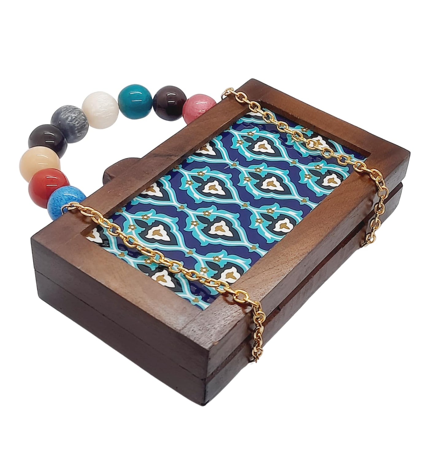 Trend Overseas Women's Wooden Printed Rectangle Ethnic Clutch Bag/Bridal Purse/Handle Clutch
