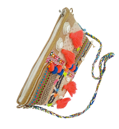 Trend Overseas Multicolor Jute Embroidery pom pom Bridal Bag cross body party sling bag