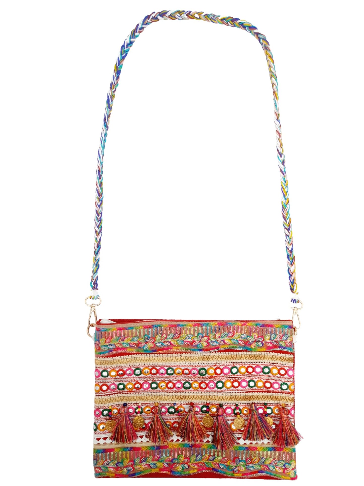 Trend Overseas Multicolor Jute Embroidery pom pom Bridal Bag cross body party sling bag