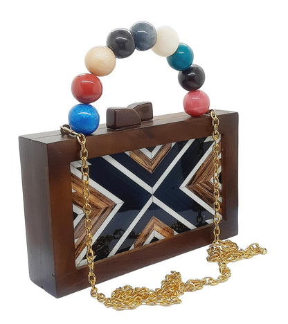 Trend Overseas Women's Wooden Printed Rectangle Ethnic Clutch Bag/Bridal Purse/Handle Clutch