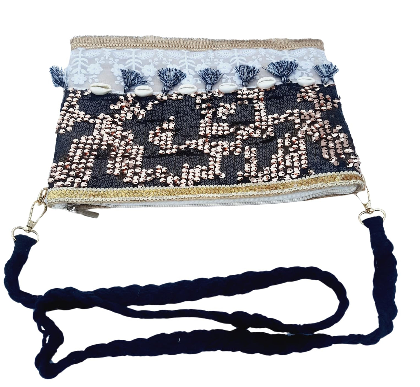 Trend Overseas Multicolor Jute Embroidery pom pom Bridal Bag cross body party sling bag