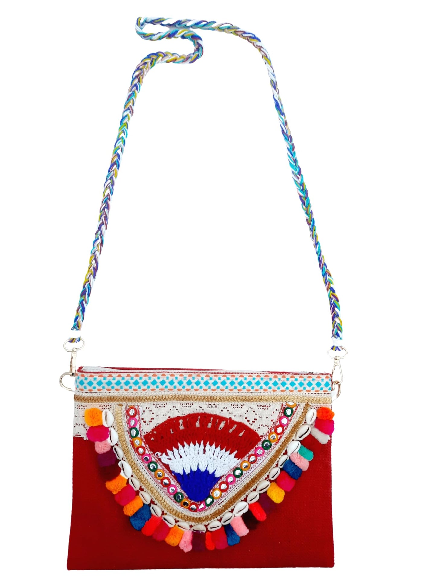 Trend Overseas Multicolor Jute Embroidery pom pom Bridal Bag cross body party sling bag