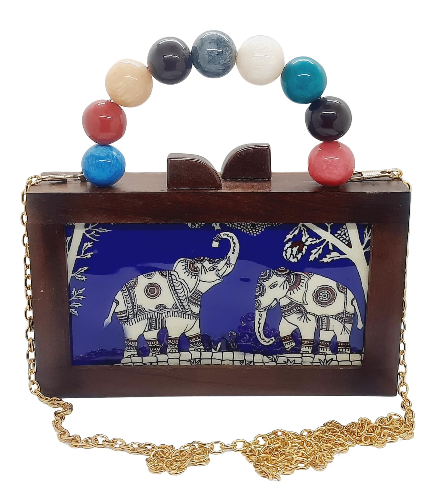 Trend Overseas Women's Wooden Printed Rectangle Ethnic Clutch Bag/Bridal Purse/Handle Clutch
