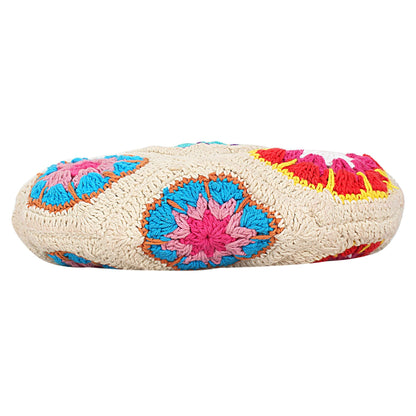 Trend Overseas Women Handmade Crochet Ivory Multicolour Flower Straw Bag Travel Beach Fishing Net Handbag Shopping Woven Shoulder Bag