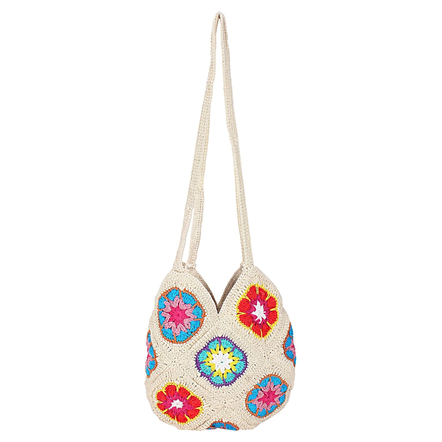 Trend Overseas Women Handmade Crochet Ivory Multicolour Flower Straw Bag Travel Beach Fishing Net Handbag Shopping Woven Shoulder Bag