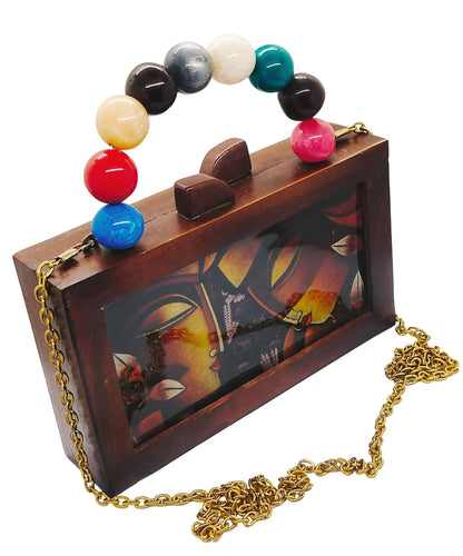 Trend Overseas Women's Wooden Printed Rectangle Ethnic Clutch Bag/Bridal Purse/Handle Clutch