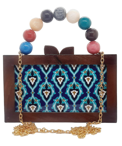 Trend Overseas Women's Wooden Printed Rectangle Ethnic Clutch Bag/Bridal Purse/Handle Clutch