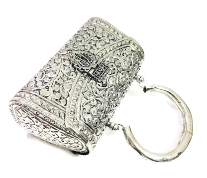 Trend Overseas Oxidized Silver Clutch Bag with Handle – German Brass Bridal Purse for Weddings & Parties