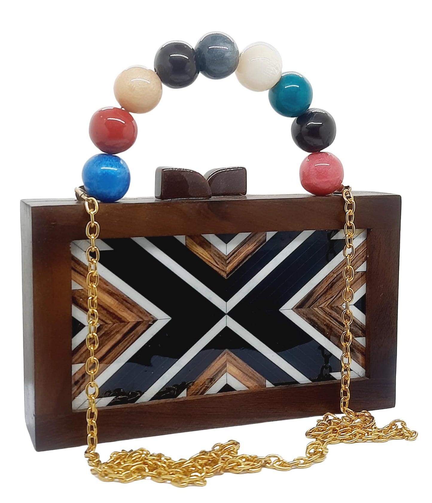 Trend Overseas Women's Wooden Printed Rectangle Ethnic Clutch Bag/Bridal Purse/Handle Clutch
