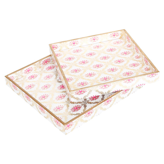 Trend Overseas Designer MDF Wooden Serving Trays Set - Special Enamel Coating, 3D Gold Foil Work, Perfect Size