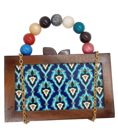 Trend Overseas Women's Wooden Printed Rectangle Ethnic Clutch Bag/Bridal Purse/Handle Clutch