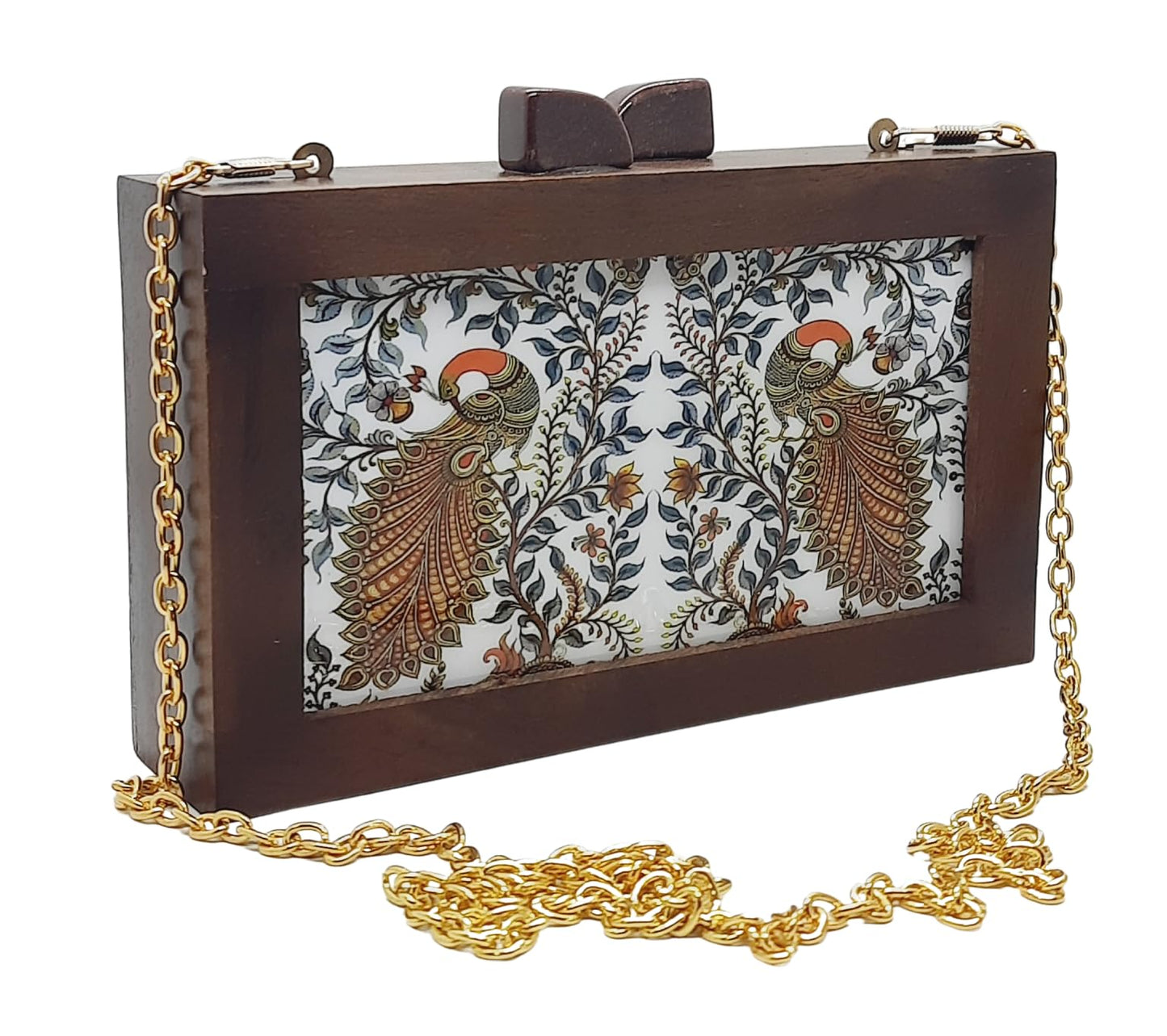 Trend Overseas Women's Wooden Printed Ethnic Clutch Bag/Bridal Purse/Handbag_Crossbody Sling Bags Detachable Chain for Bridal,