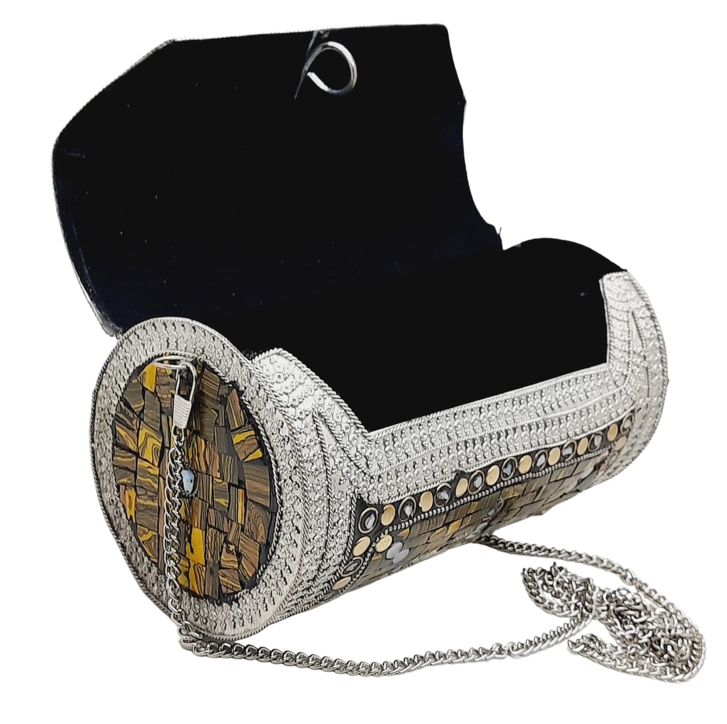 Trend Overseas Eye Catching Handmade Cylinder Round Ethnic Stone Metal bag Antique Bridal clutch
