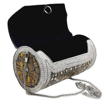 Trend Overseas Eye Catching Handmade Cylinder Round Ethnic Stone Metal bag Antique Bridal clutch