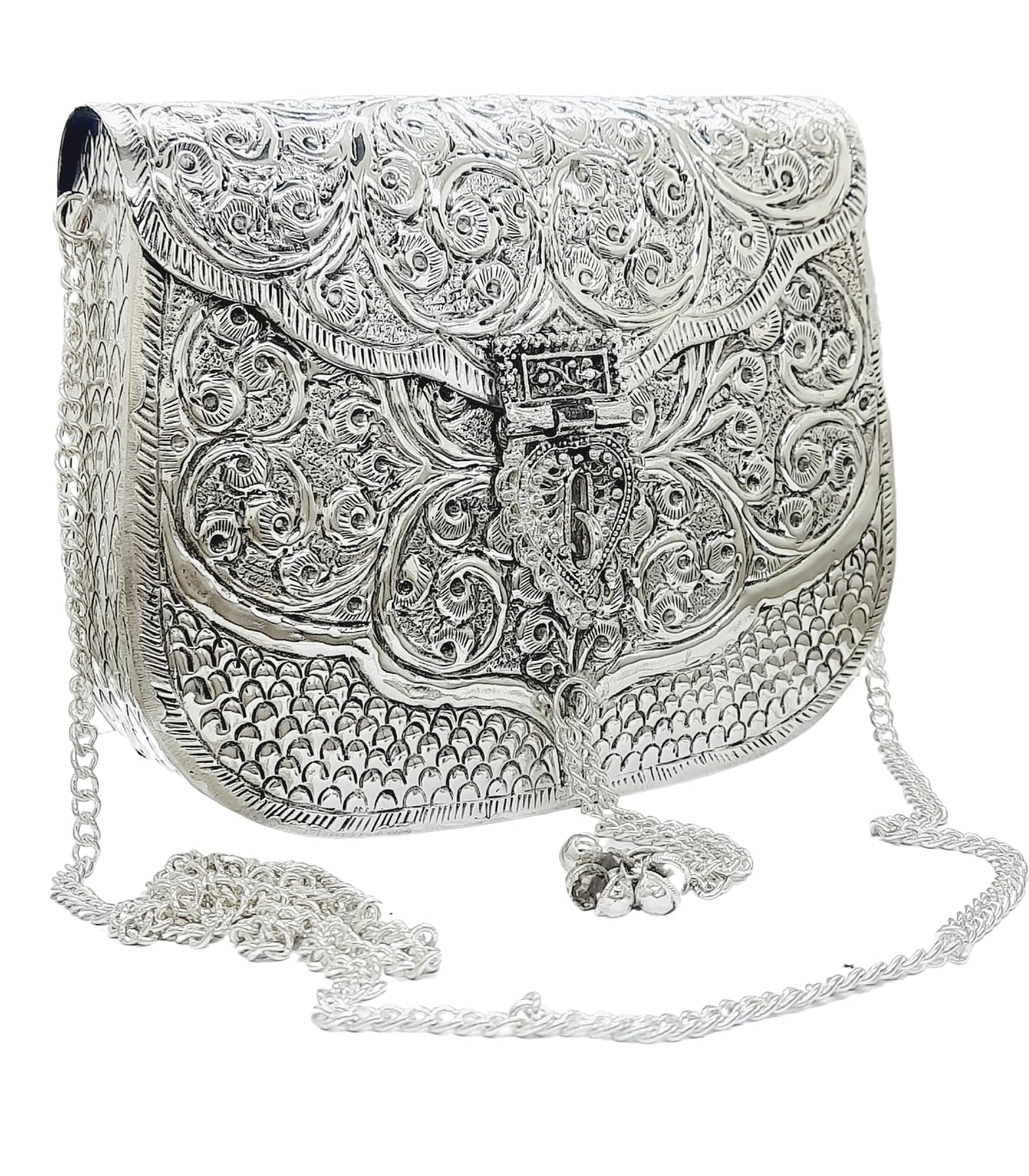 Trend Overseas Women Silver Bridal Metal Clutch - Antique Hand Carving Bag Bridal Antique Purse