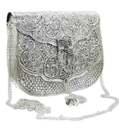 Trend Overseas Women Silver Bridal Metal Clutch - Antique Hand Carving Bag Bridal Antique Purse