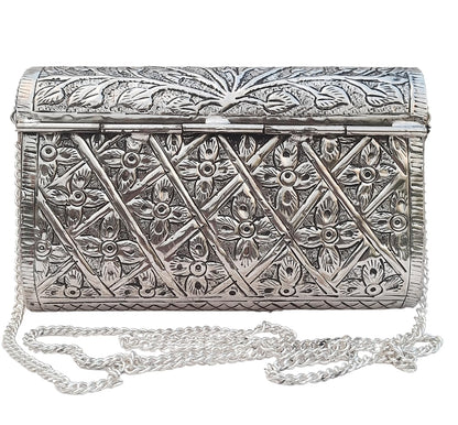 Trend Overseas Ethnic Women Silver Brass Metal Bridal bag Handle Clutch Sling Bag