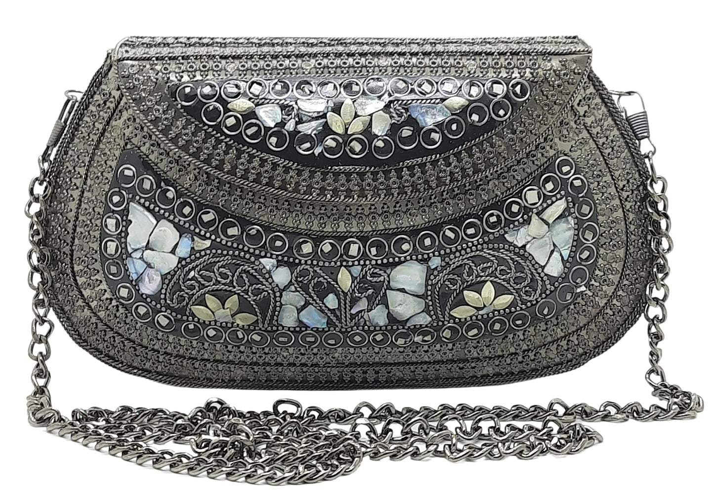 Trend Overseas Handmade Antique Stone Bag Ethnic Clutch - Metal Bag Perfect for Parties, Fits All Cellphone Models