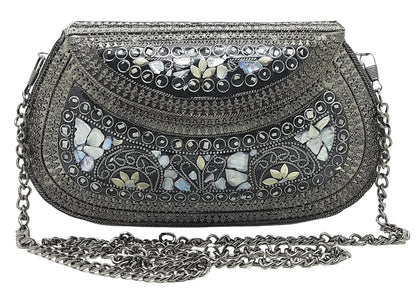 Trend Overseas Handmade Antique Stone Bag Ethnic Clutch - Metal Bag Perfect for Parties, Fits All Cellphone Models
